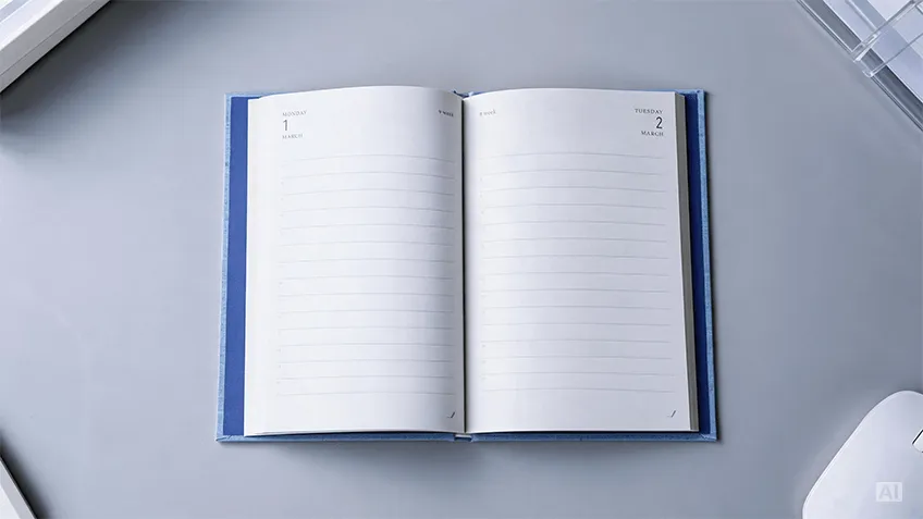 Geöffneter A5-Tageskalender im Hardcover mit einem Tag pro Seite